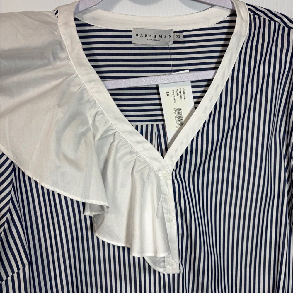 Harshman Vivienne Popover Tunic 2X Navy Stripe Cotton Ruffle Boho Coastal Preppy - Picture 5 of 11